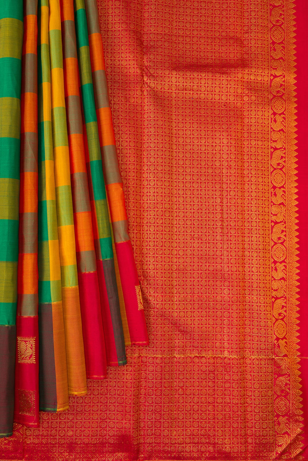 Pleats and pallu of Multi Color Kanchipuram Silk Saree with Checked design on the body and Fancy Border. 