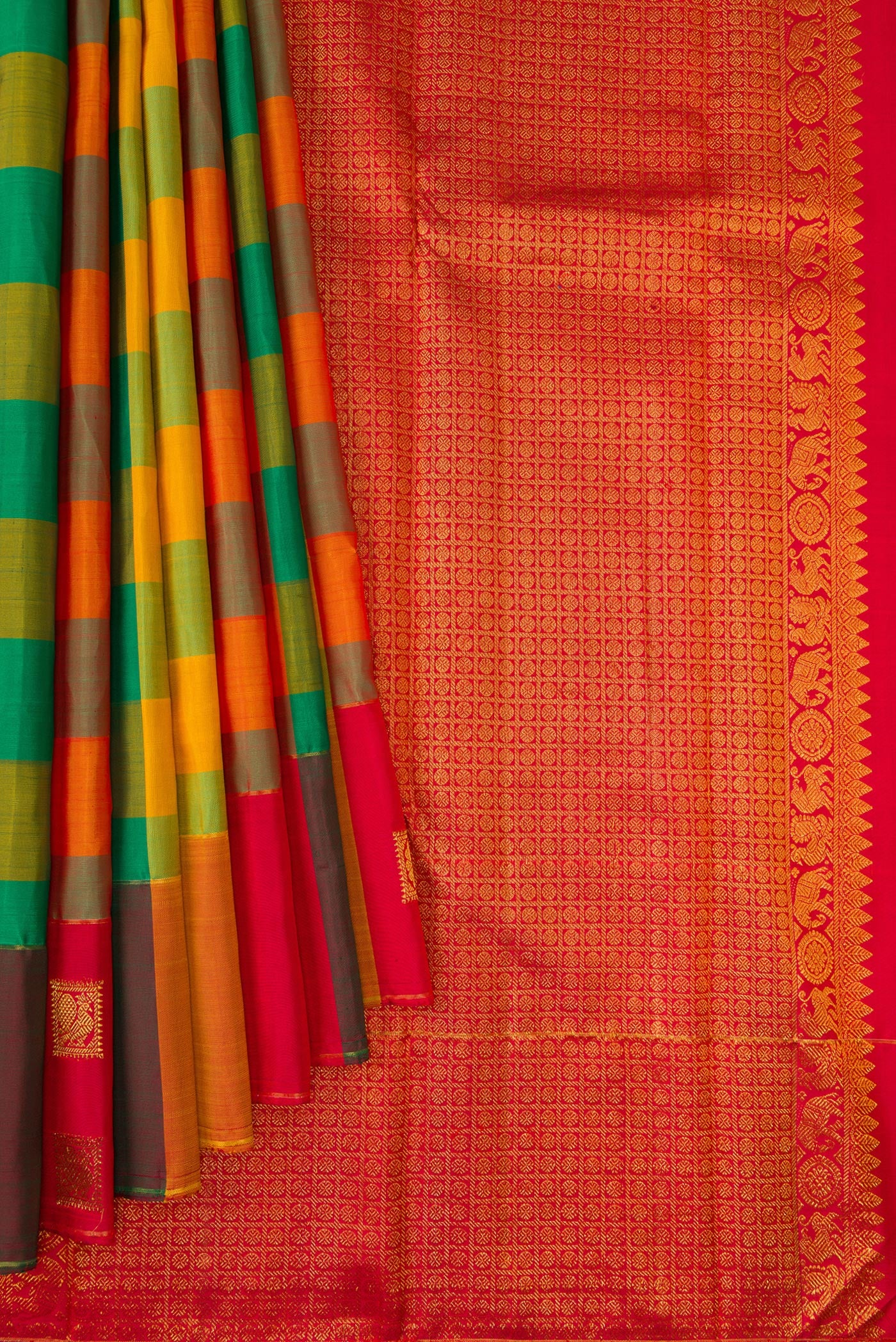 Pleats and pallu of Multi Color Kanchipuram Silk Saree with Checked design on the body and Fancy Border. 