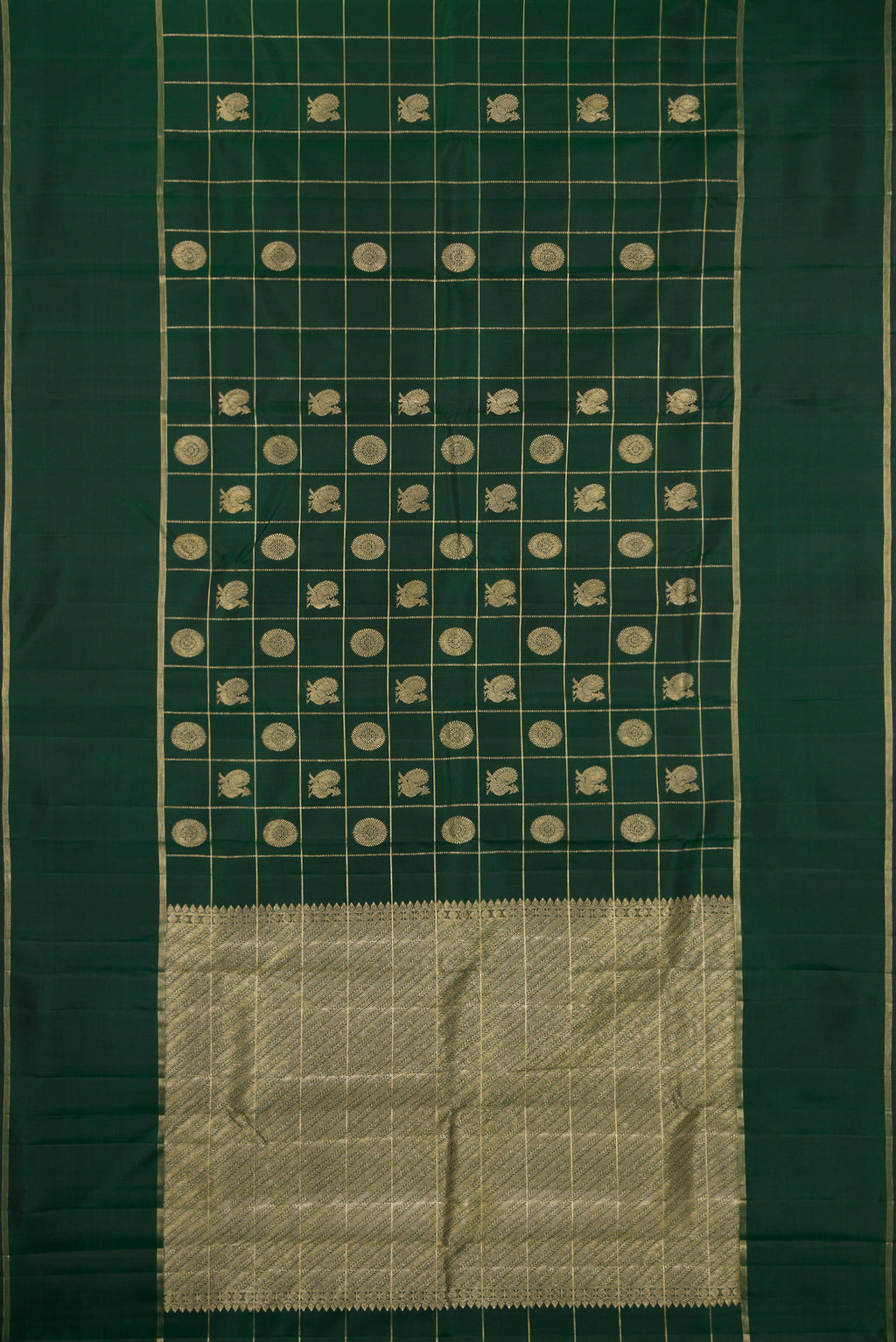 Flat view of Pure Silk Bottle Green Kanchipuram Saree with Checked design on the body and Plain Border. 