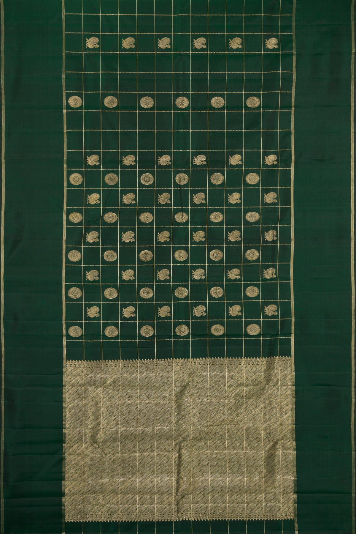 Flat view of Pure Silk Bottle Green Kanchipuram Saree with Checked design on the body and Plain Border. 