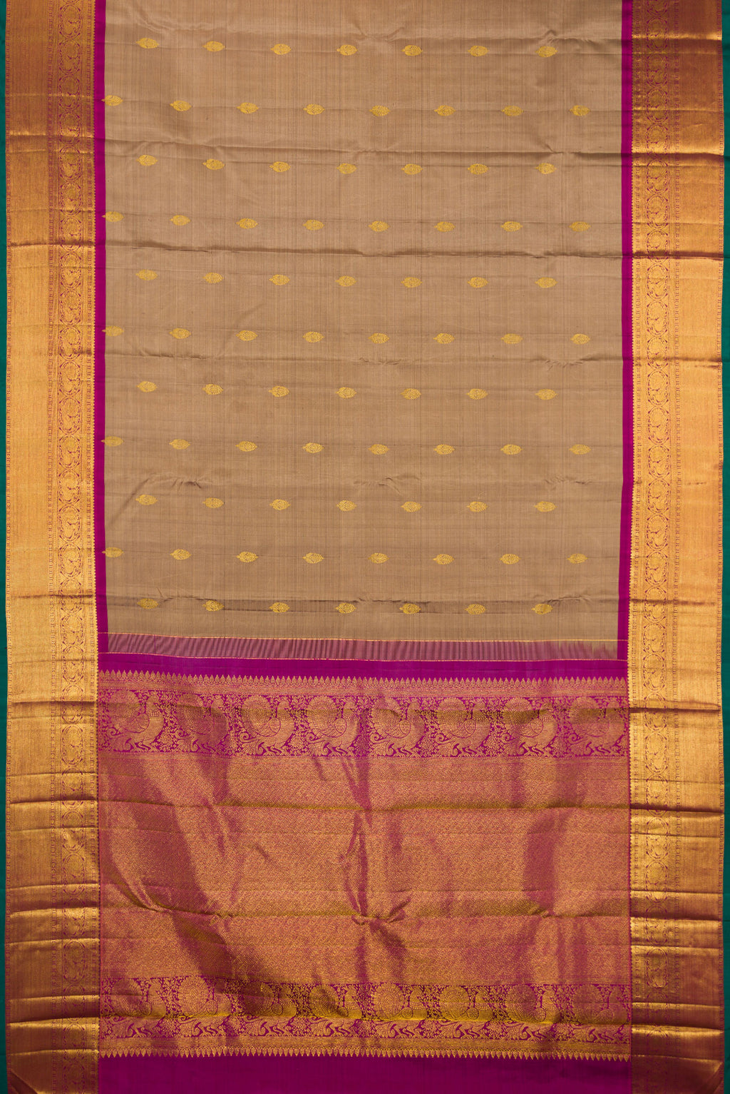 Flat view of Pure Silk Brown Kanjivaram Saree with Zari Butta on the body and Zari Border. 