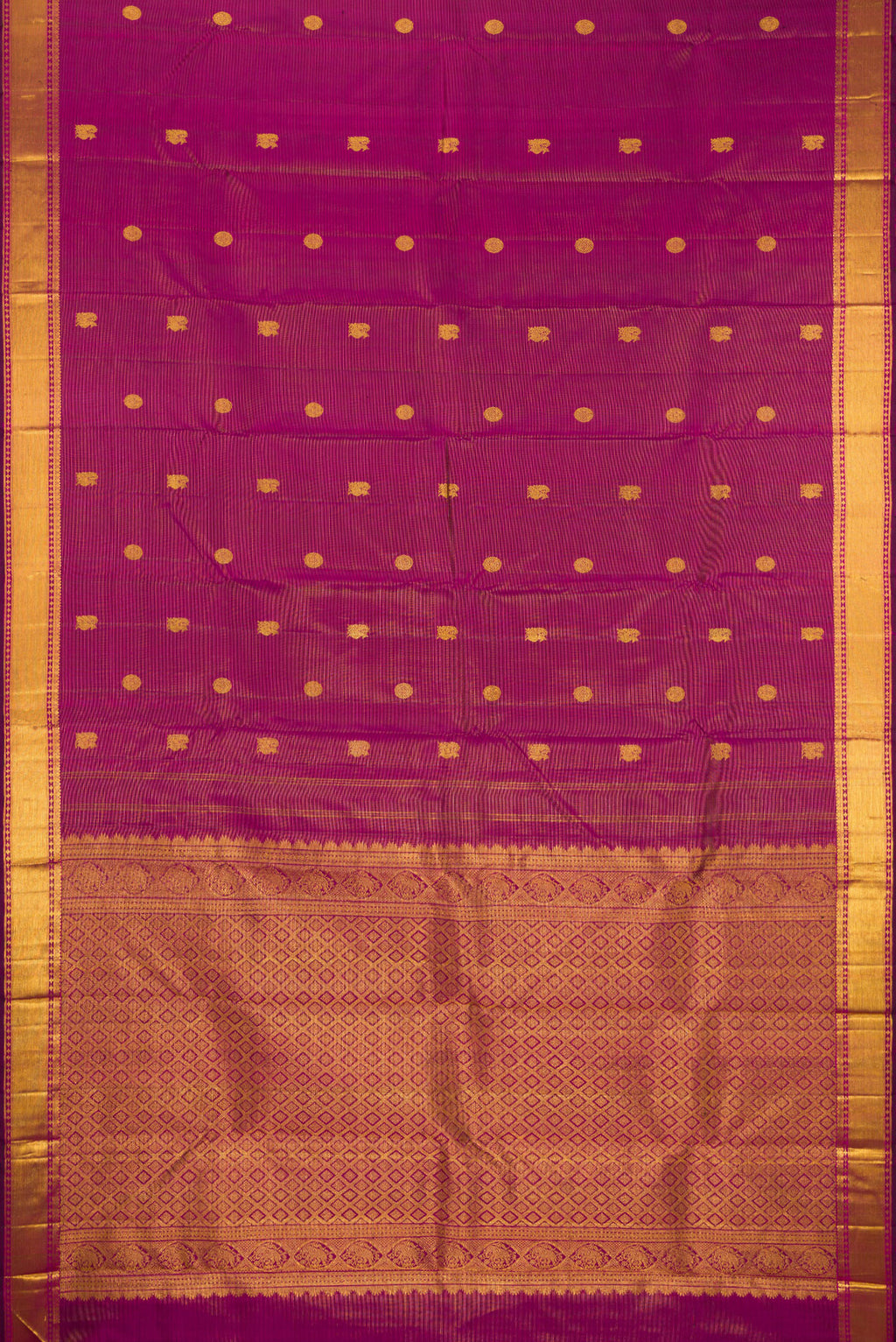 Flat view of Purple Kanjivaram Silk Saree with Stripes on the body and Zari Border. 