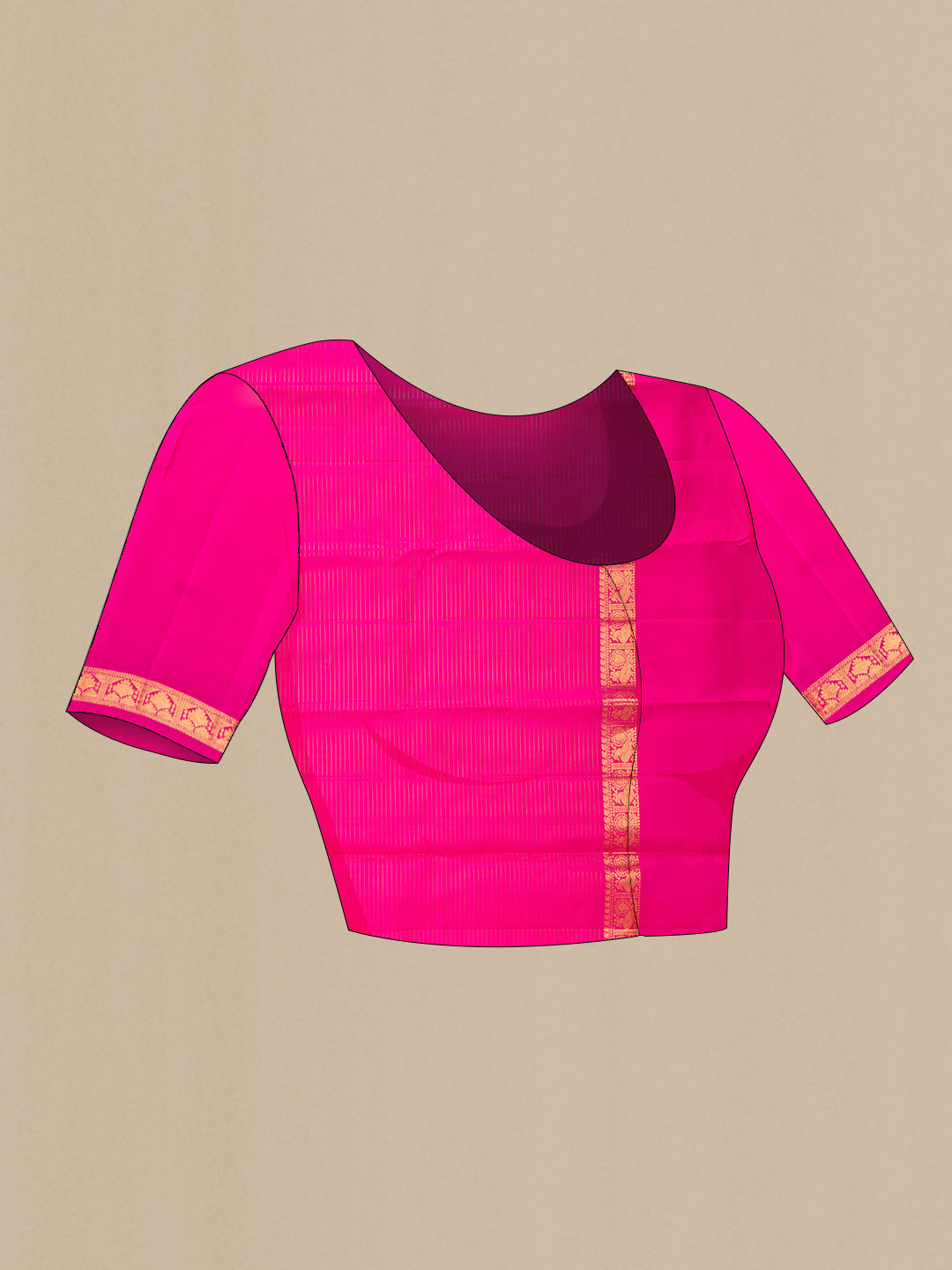 Close up image of the blouse of Orange Kanjivaram Silk Saree with Stripes on the body and Ganga Jamuna Border. 