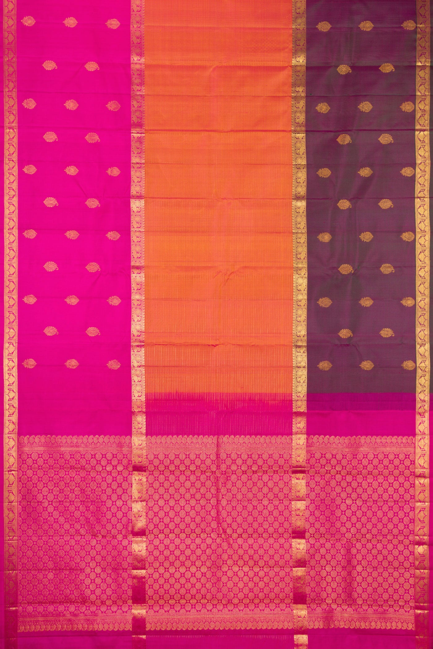 Flat view of Orange Kanjivaram Silk Saree with Stripes on the body and Ganga Jamuna Border. 