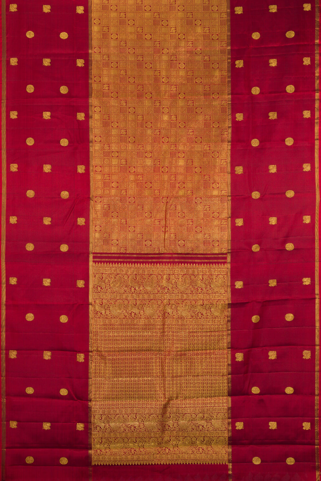Flat view of Maroon Kanjivaram Silk Saree with Zari Brocade on the body and Zari Border. 