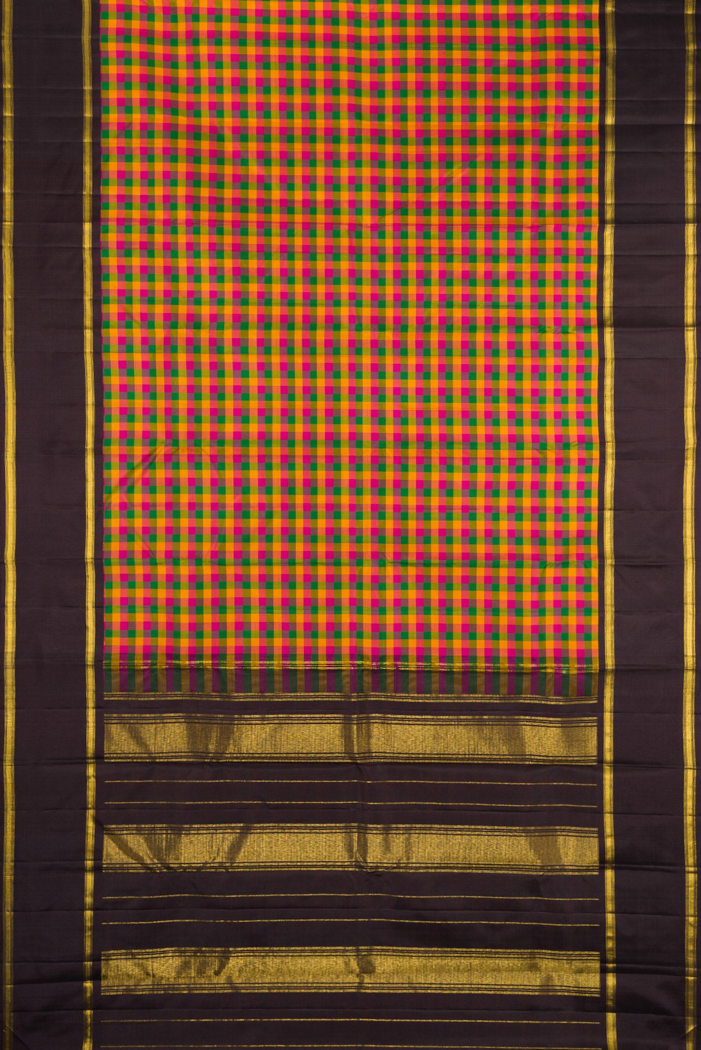 Flat view of Multi Color Kanjivaram Silk Saree with Checked design on the body and Zari Border. 
