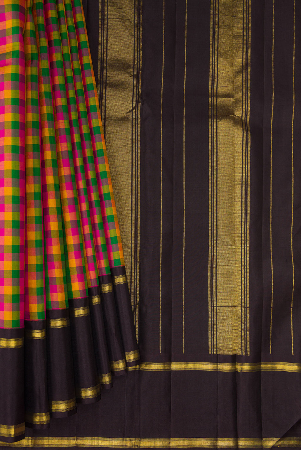 Pleats and pallu of Multi Color Kanjivaram Silk Saree with Checked design on the body and Zari Border. 