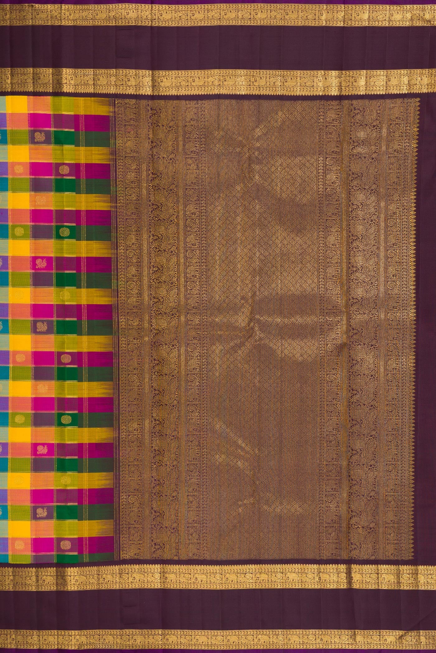Close up image of the pallu of Multi Color Kanchipuram Silk Saree with Checked design on the body and Zari Border. 