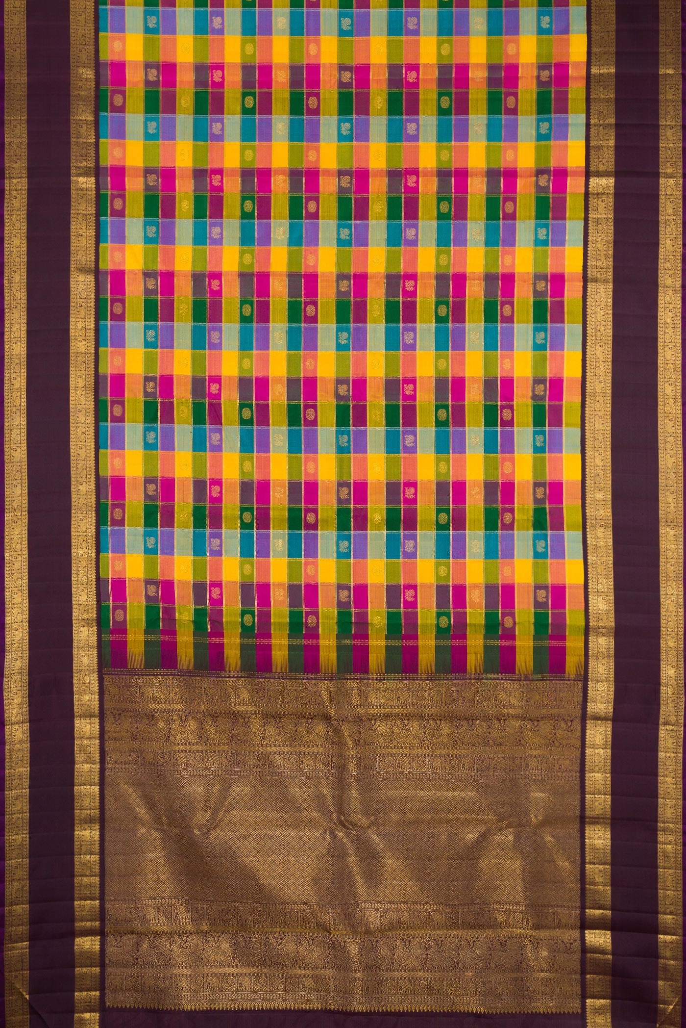 Flat view of Multi Color Kanchipuram Silk Saree with Checked design on the body and Zari Border. 
