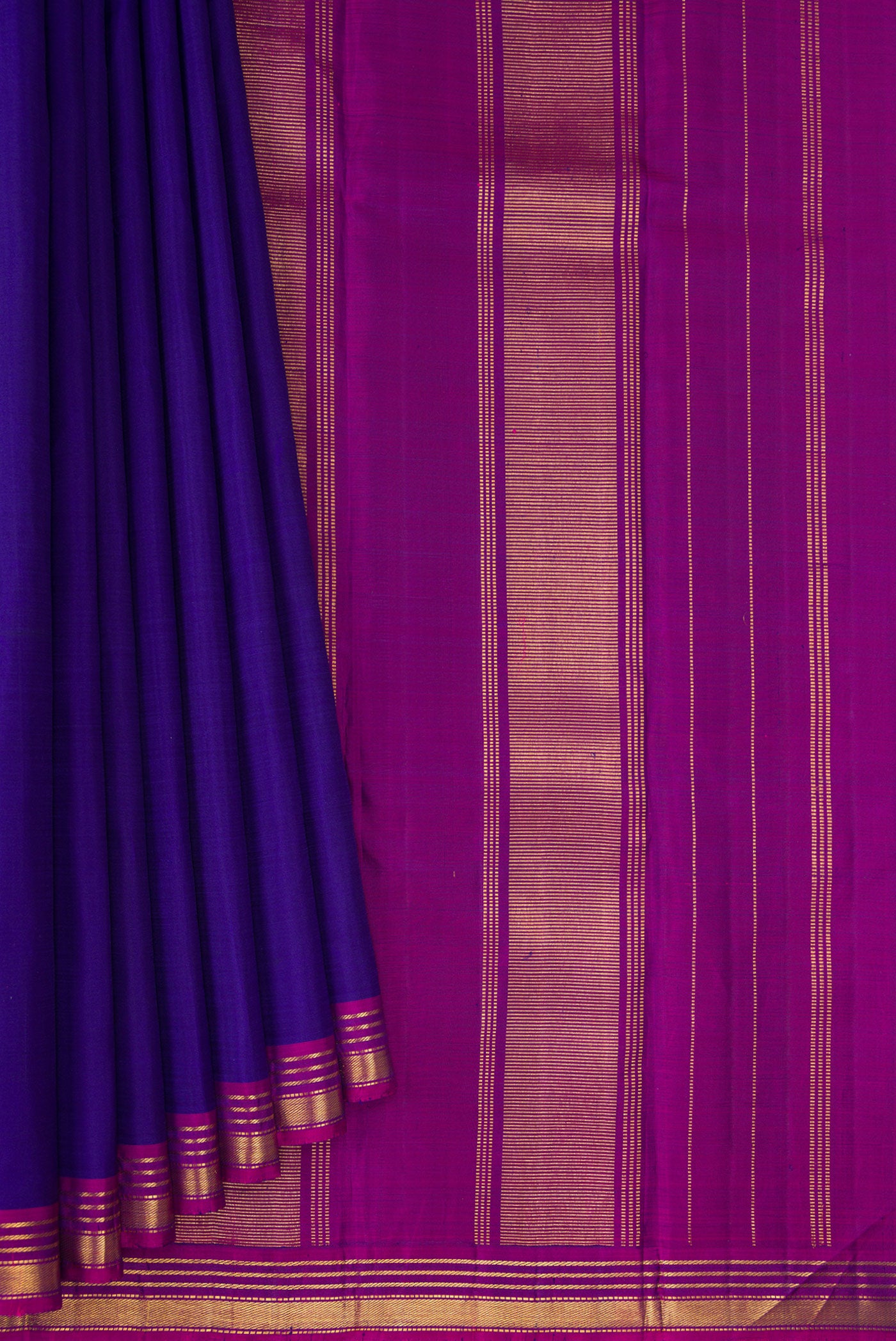 Pleats and pallu of Royal Blue Kanjivaram Silk Saree with Plain Body and Zari Border. 