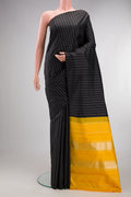 Pure Silk Black Kanjivaram Saree with Stripes on the body and Without Border.  displayed on a mannequin