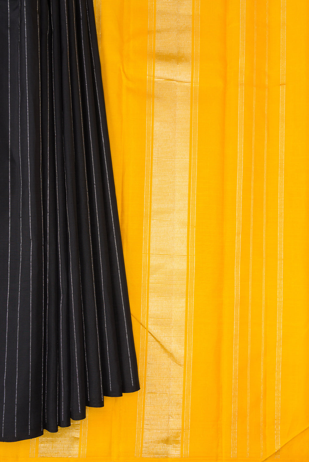 Pleats and pallu of Pure Silk Black Kanjivaram Saree with Stripes on the body and Without Border. 