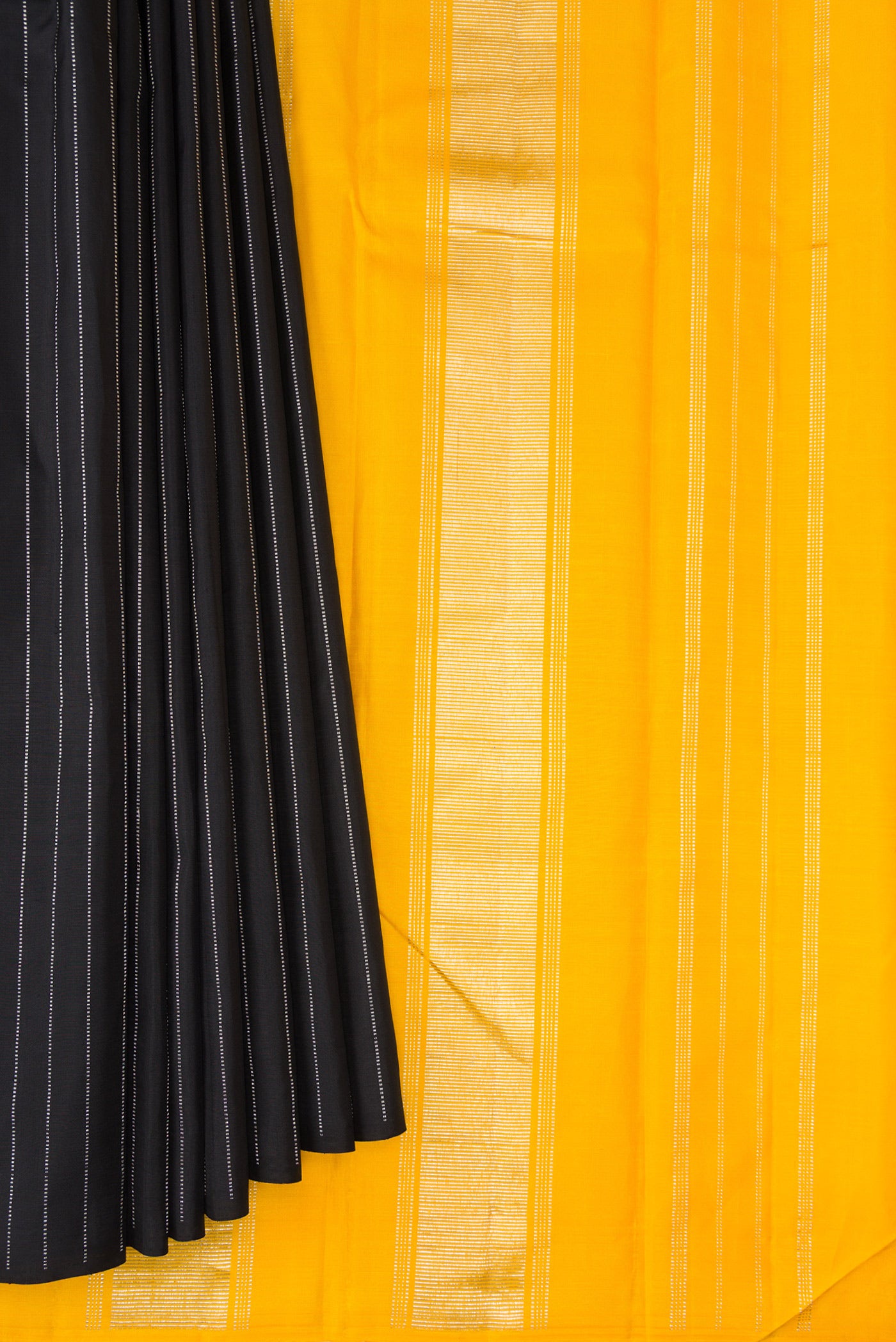 Pleats and pallu of Pure Silk Black Kanjivaram Saree with Stripes on the body and Without Border. 