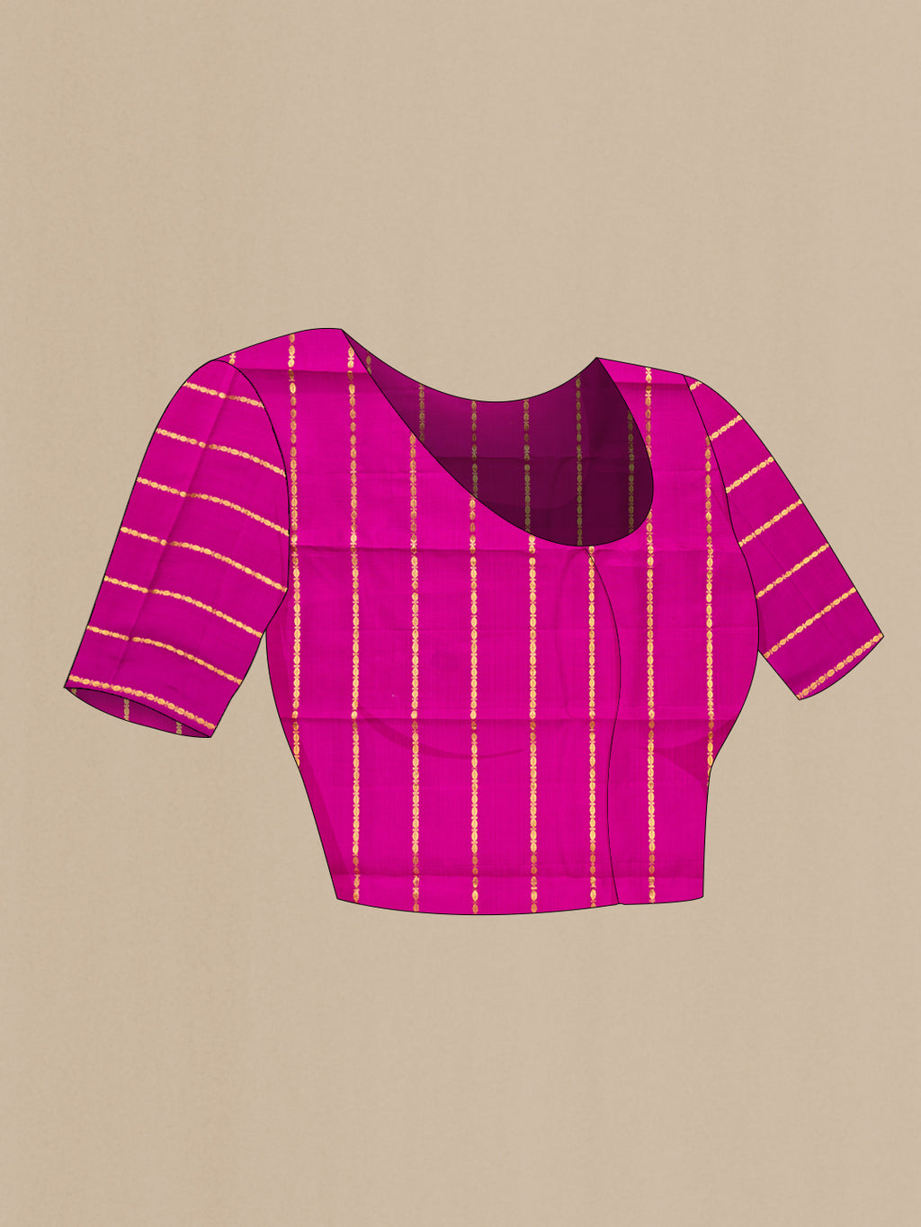 Close up image of the blouse of Pure Silk Magenta Kanchipuram Saree with Stripes on the body and Without Border. 
