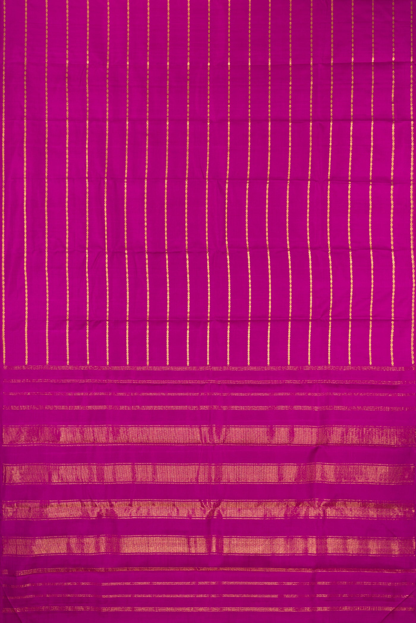 Flat view of Pure Silk Magenta Kanchipuram Saree with Stripes on the body and Without Border. 