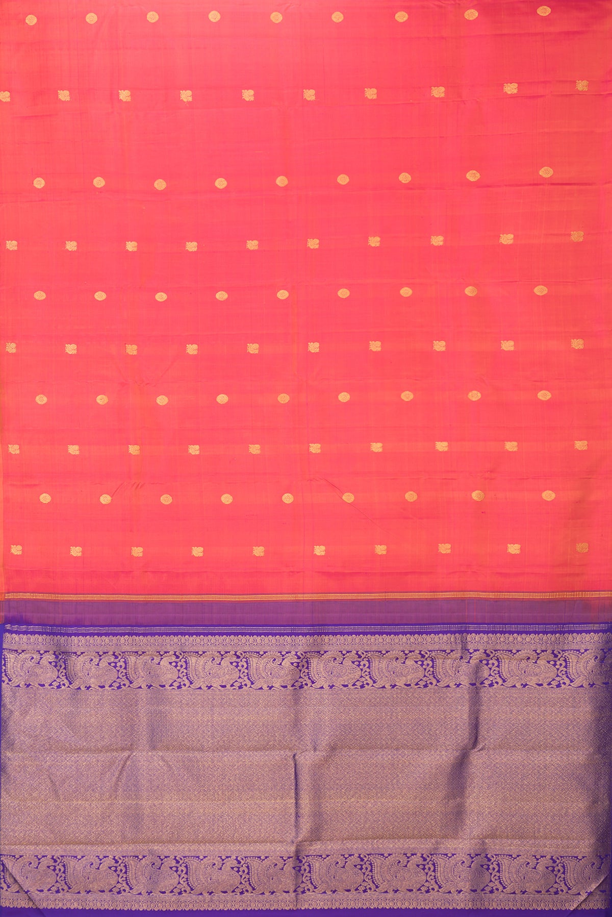 Flat view of Pure Silk Coral Dual Tone Kanchipuram Saree with Zari Butta on the body and Without Border. 