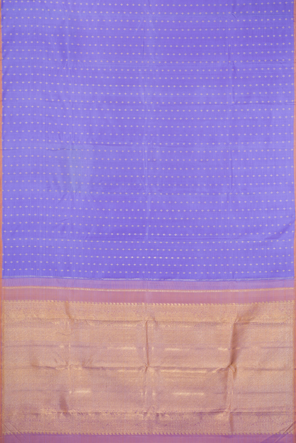 Flat view of Lavender Kanchipuram Silk Saree with Zari Butta on the body and Without Border. 
