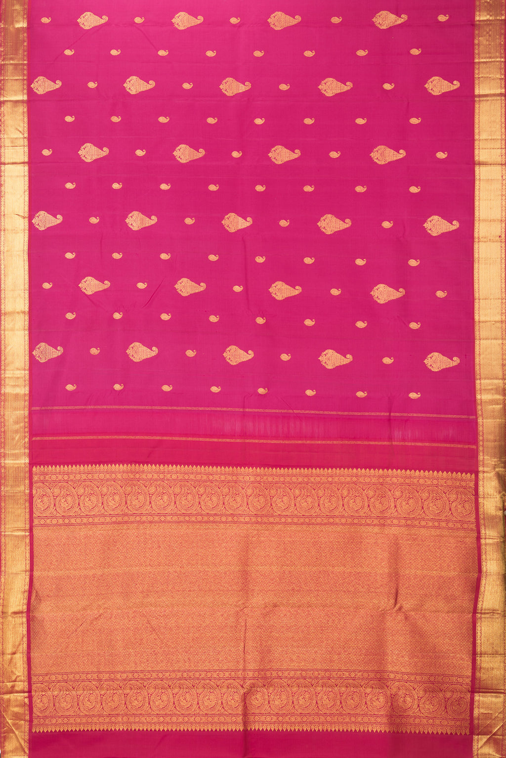 Flat view of Pure Silk Pink Kanjivaram Saree with Zari Butta on the body and Zari Border. 