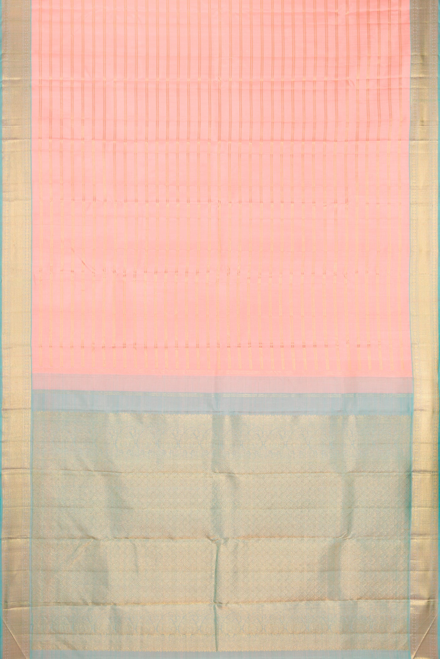 Flat view of Peach Kanjivaram Silk Saree with Stripes on the body and Zari Border. 