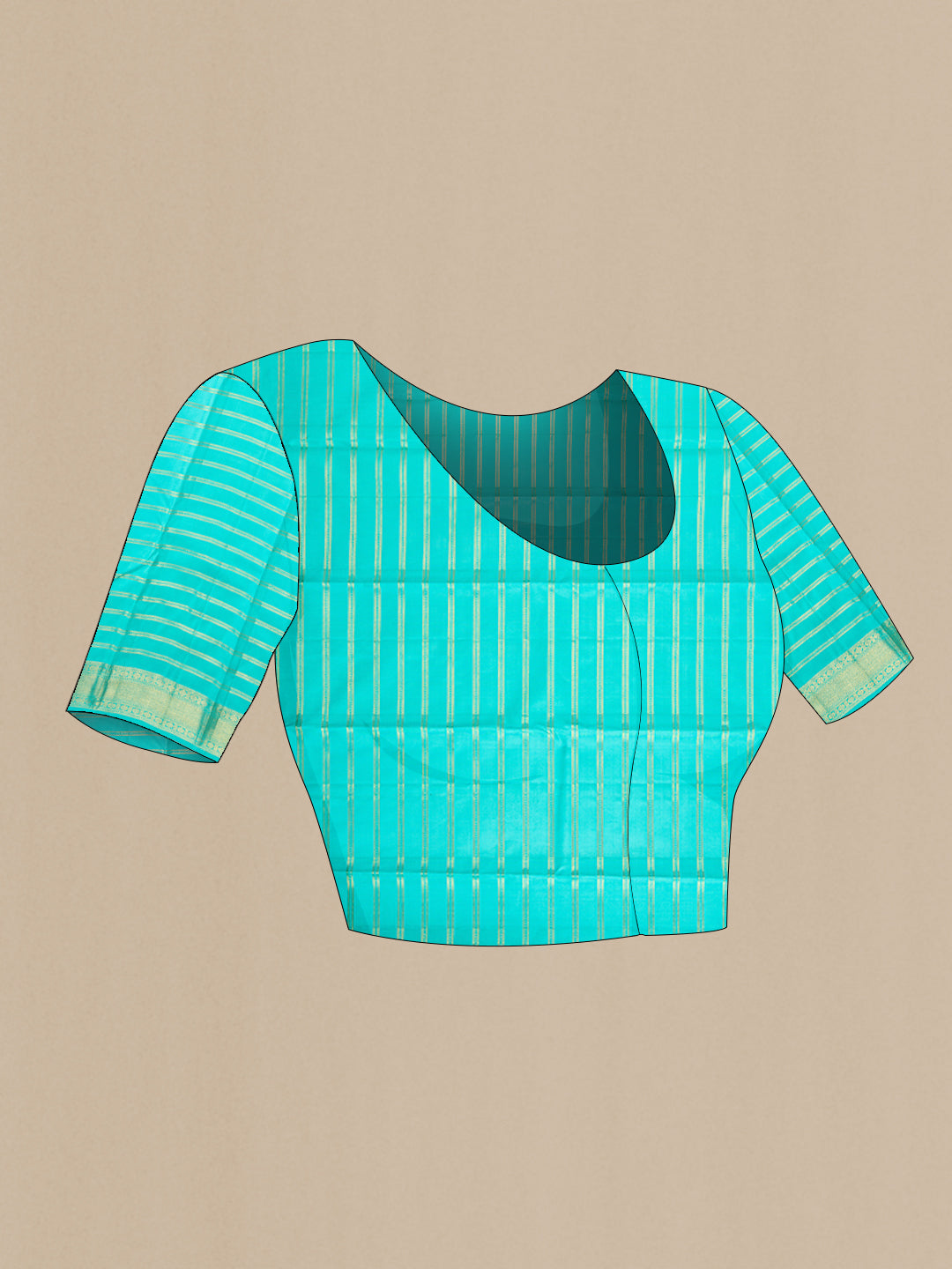 Close up image of the blouse of Pista Green Kanjivaram Silk Saree with Stripes on the body and Zari Border. 
