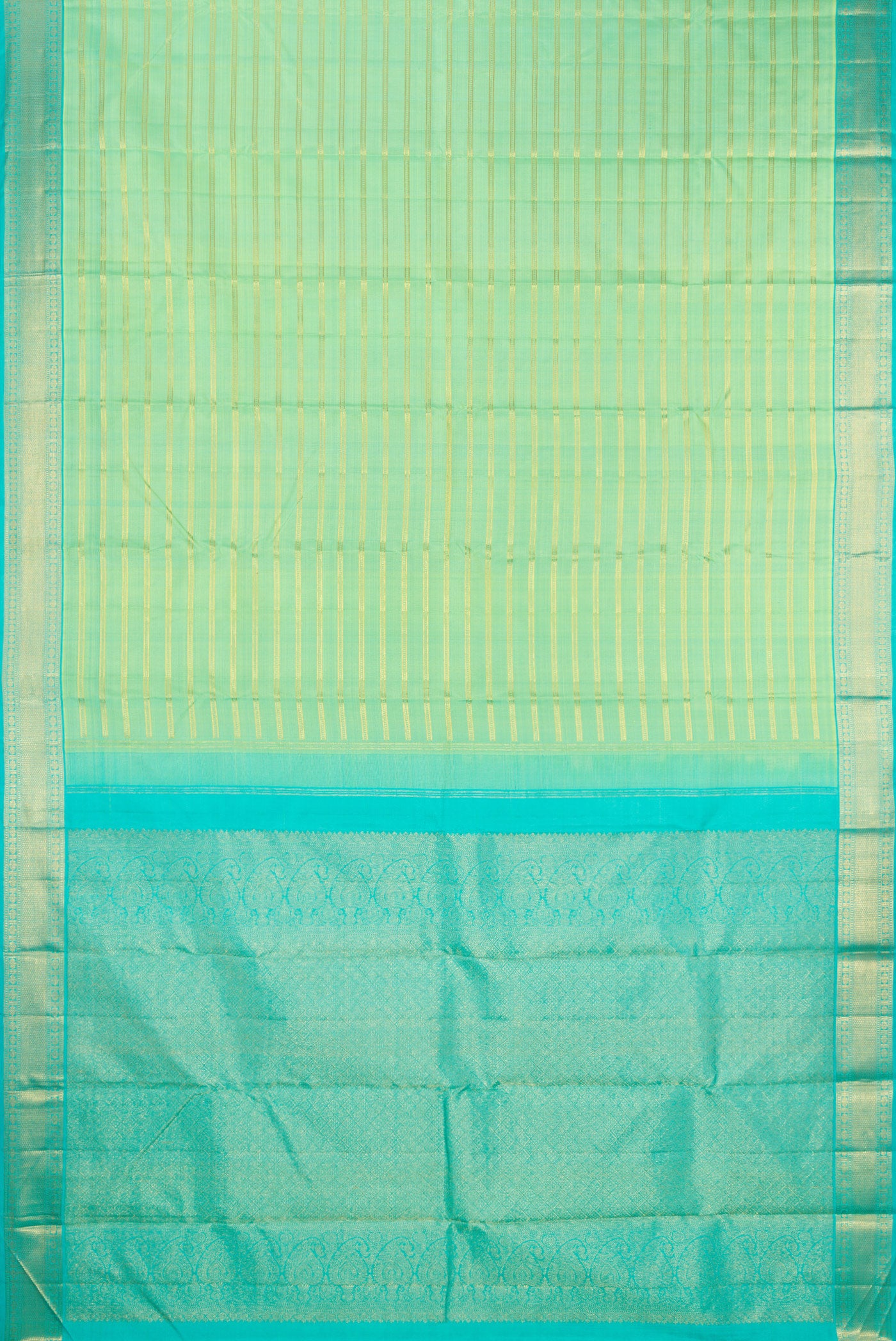 Flat view of Pista Green Kanjivaram Silk Saree with Stripes on the body and Zari Border. 