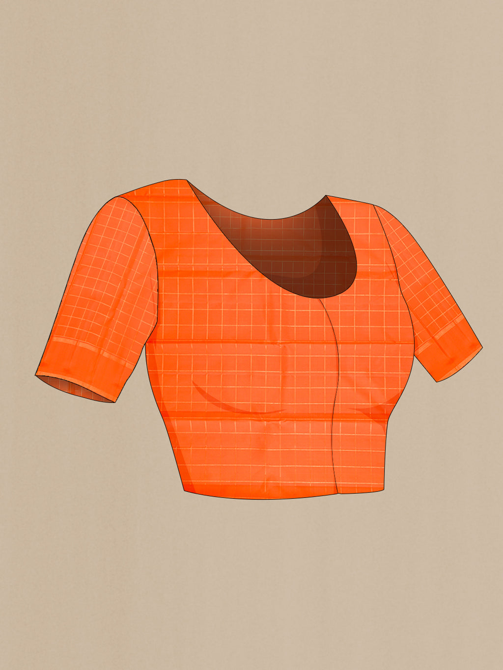 Close up image of the blouse of Golden Peach Kanchipuram Silk Saree with Checked design on the body and Plain Border. 