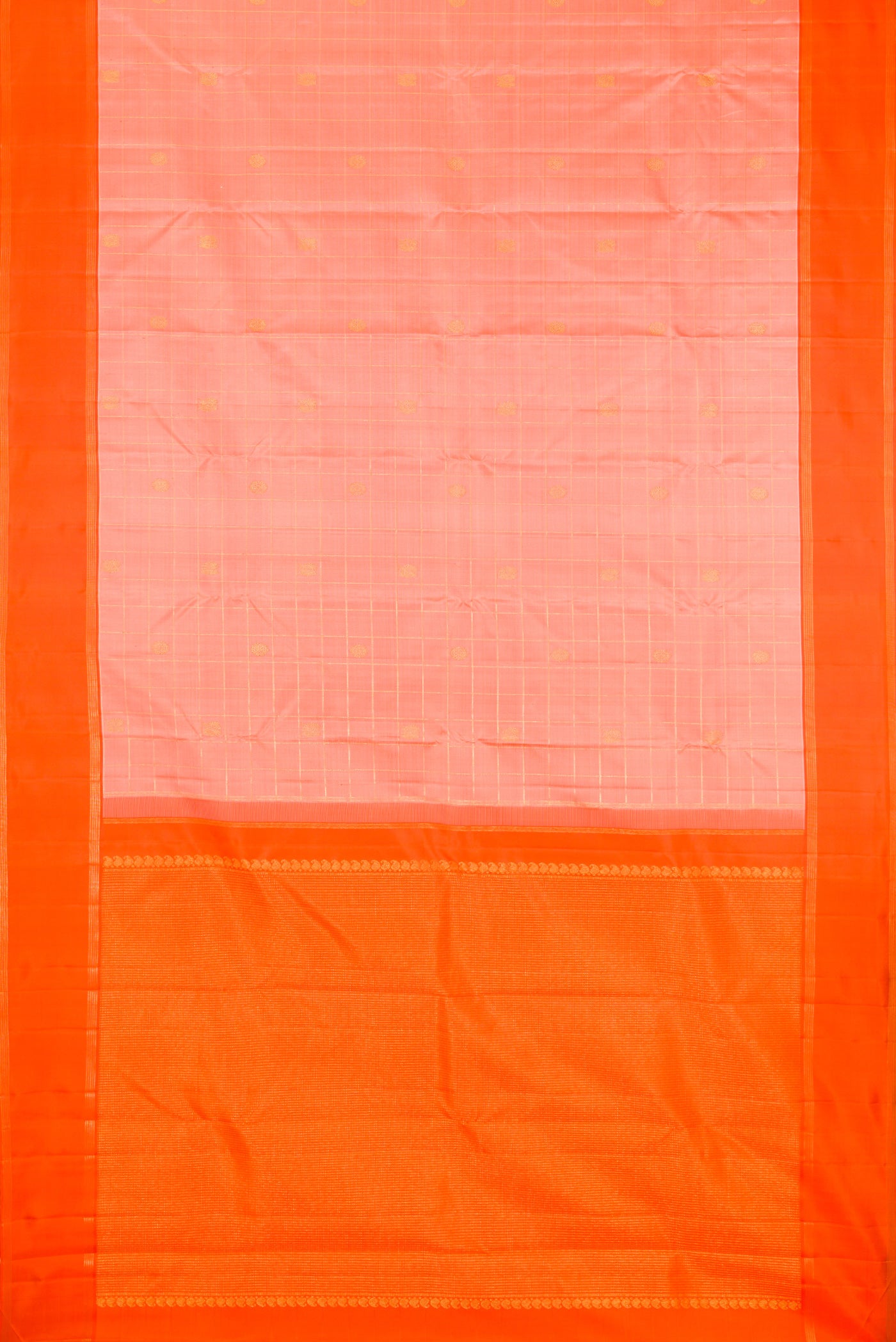 Flat view of Golden Peach Kanchipuram Silk Saree with Checked design on the body and Plain Border. 