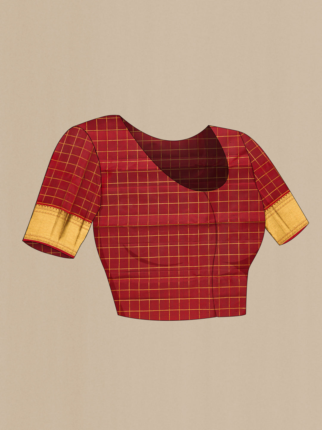 Close up image of the blouse of Bottle Green Kanjivaram Silk Saree with Checked design on the body and Zari Border. 