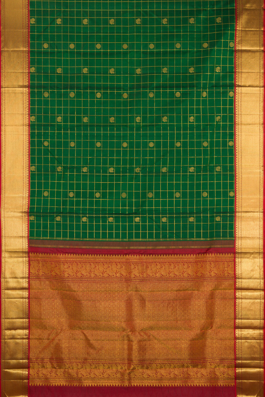 Flat view of Bottle Green Kanjivaram Silk Saree with Checked design on the body and Zari Border. 