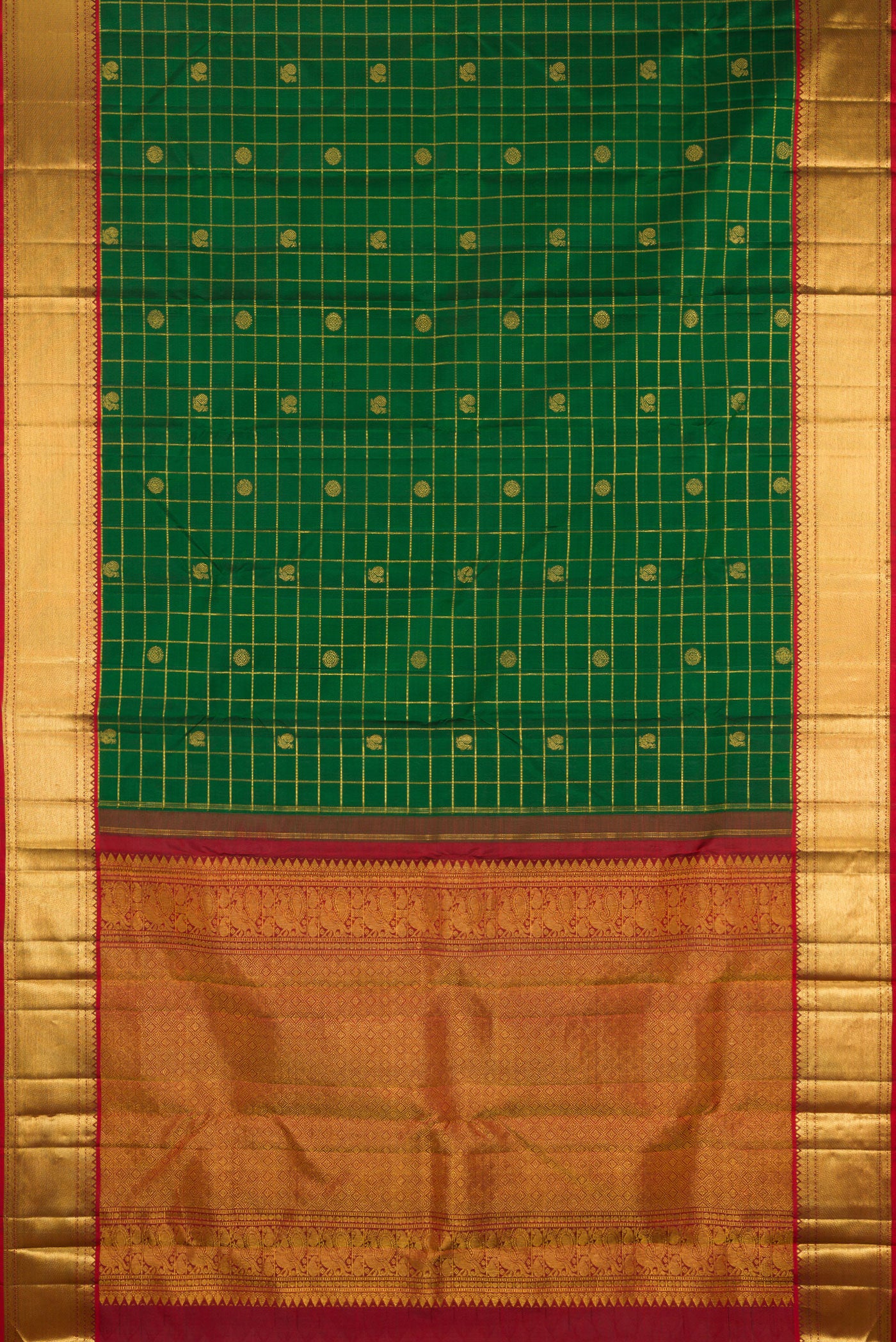 Flat view of Bottle Green Kanjivaram Silk Saree with Checked design on the body and Zari Border. 
