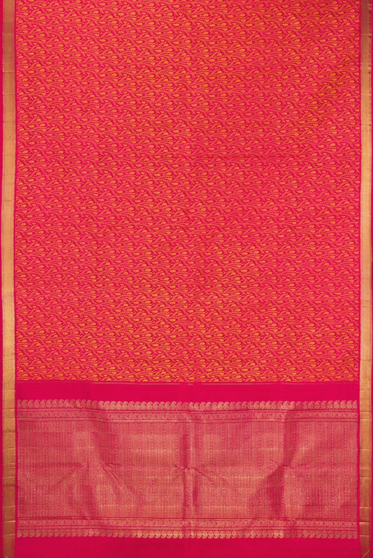 Flat view of Pure Silk Pink Dual Tone Kanchipuram Saree with Jacquard design on the body and Zari Border. 