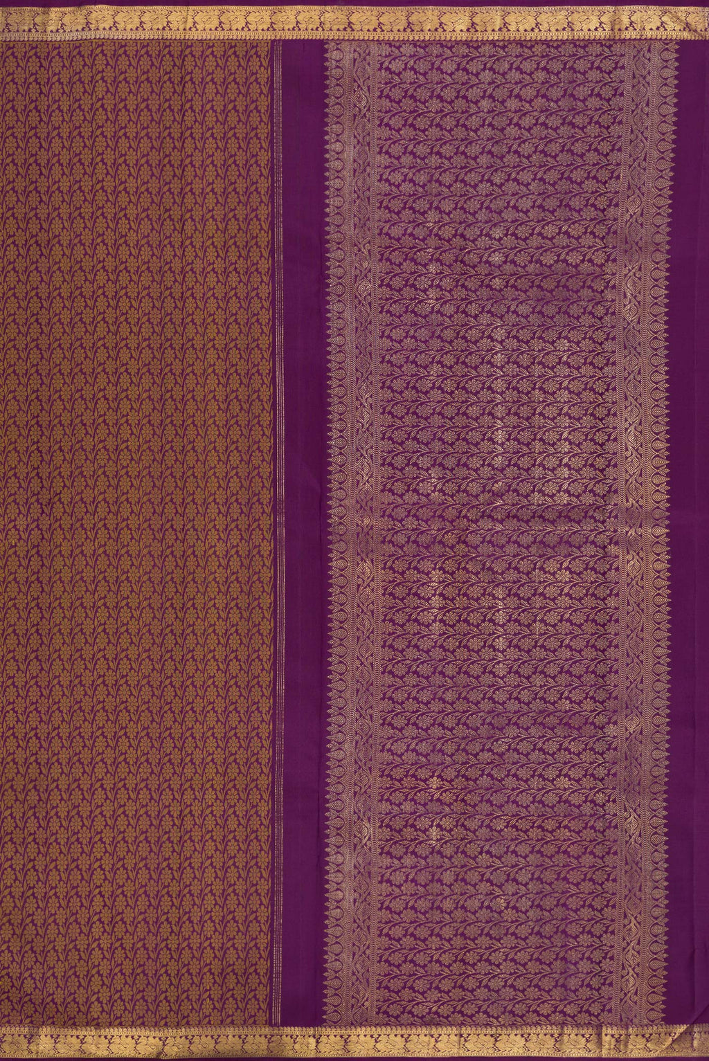 Close up image of the pallu of Pure Silk Purple Kanchipuram Saree with Jacquard design on the body and Zari Border. 