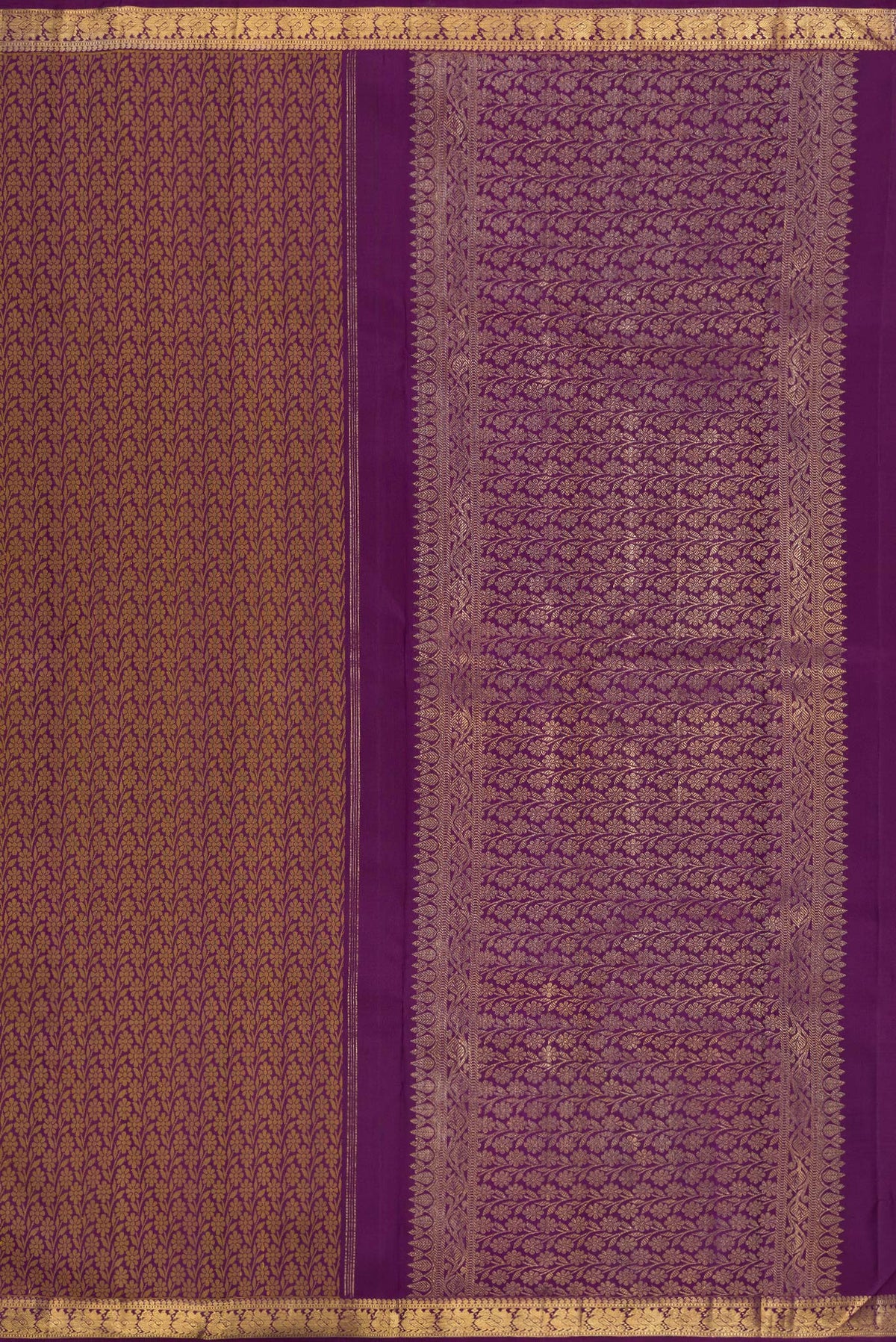 Close up image of the pallu of Pure Silk Purple Kanchipuram Saree with Jacquard design on the body and Zari Border. 