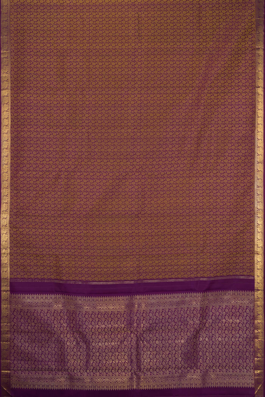 Flat view of Pure Silk Purple Kanchipuram Saree with Jacquard design on the body and Zari Border. 