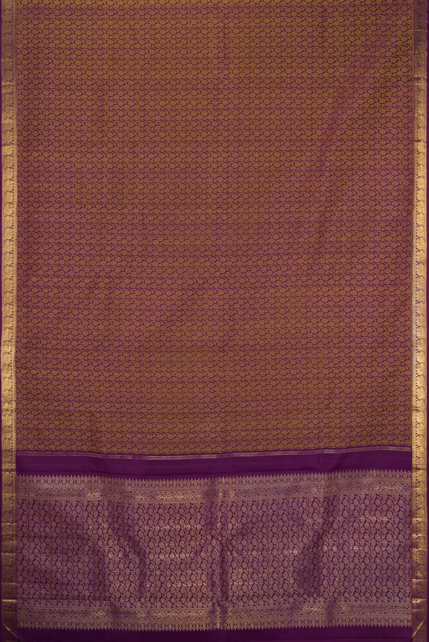 Flat view of Pure Silk Purple Kanchipuram Saree with Jacquard design on the body and Zari Border. 