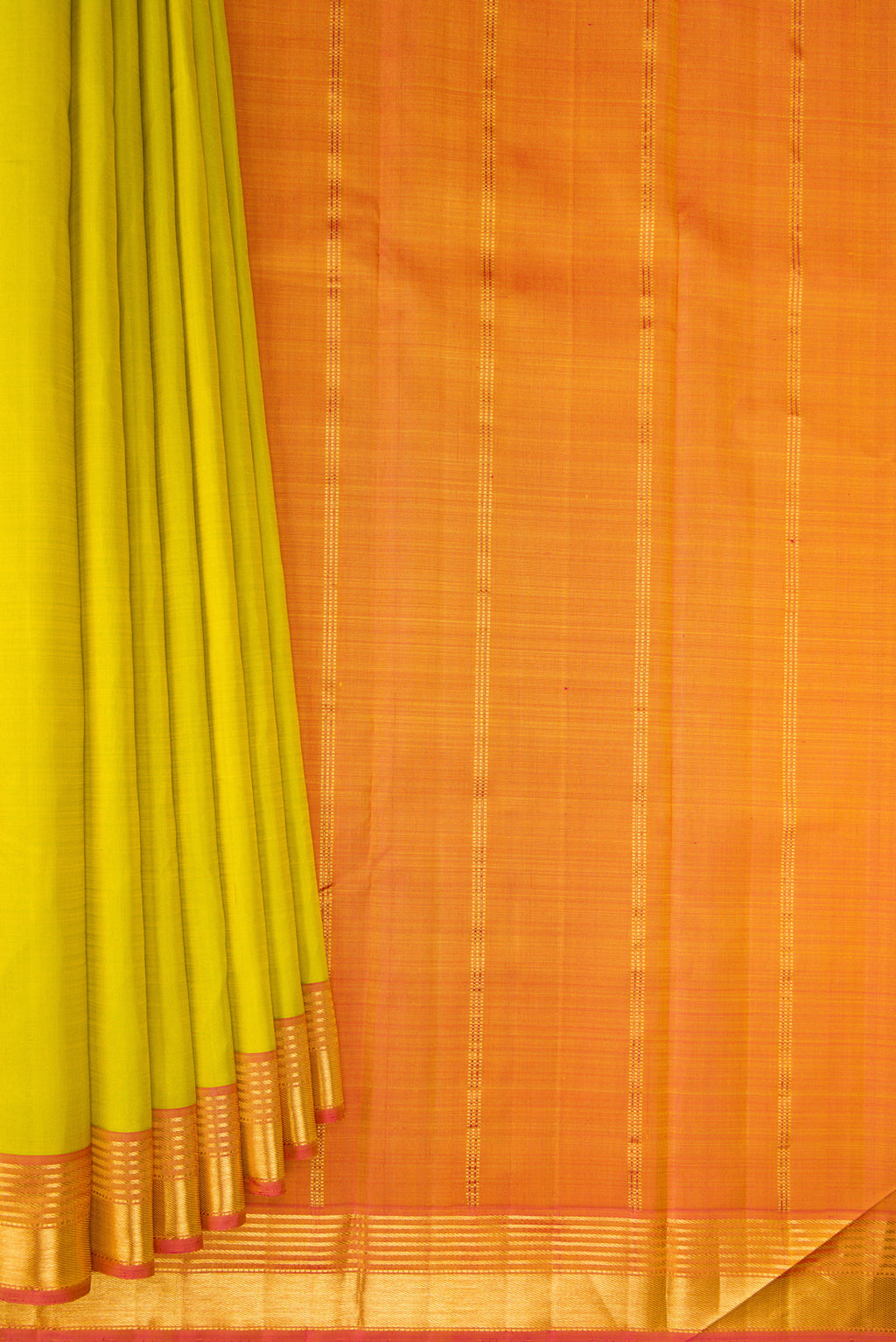 Pleats and pallu of Pure Silk Parrot Green Kanjivaram Saree with Plain Body and Zari Border. 