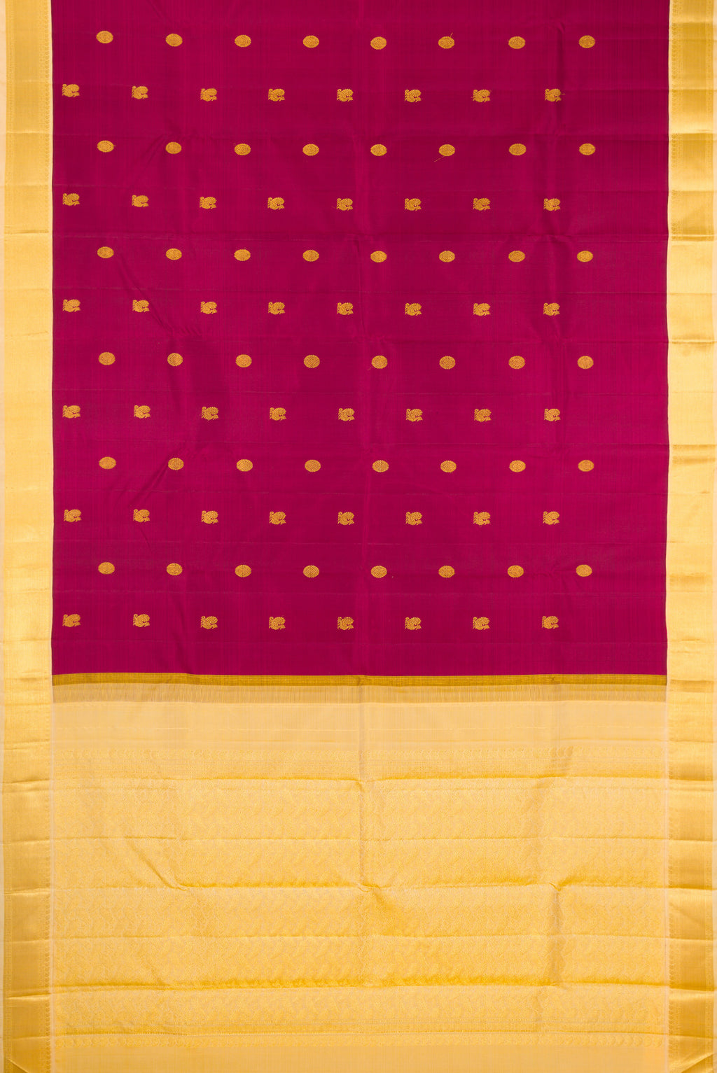 Flat view of Magenta Kanjivaram Silk Saree with Zari Butta on the body and Zari Border. 