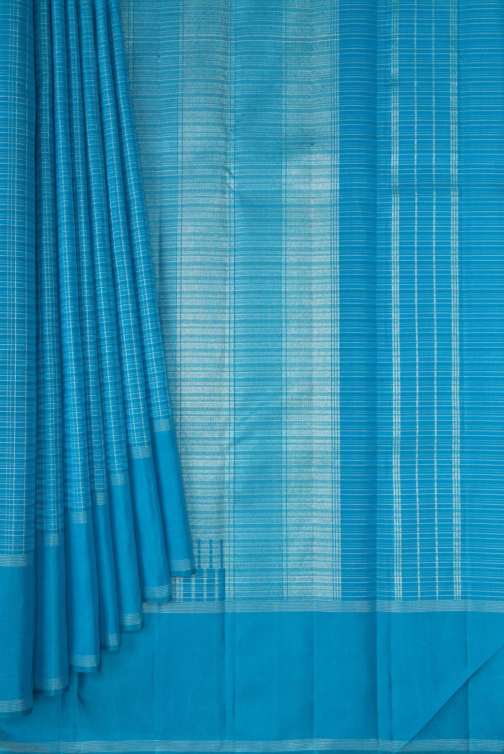 Pleats and pallu of Sky Blue Kanchipuram Silk Saree with Checked design on the body and Zari Border. 