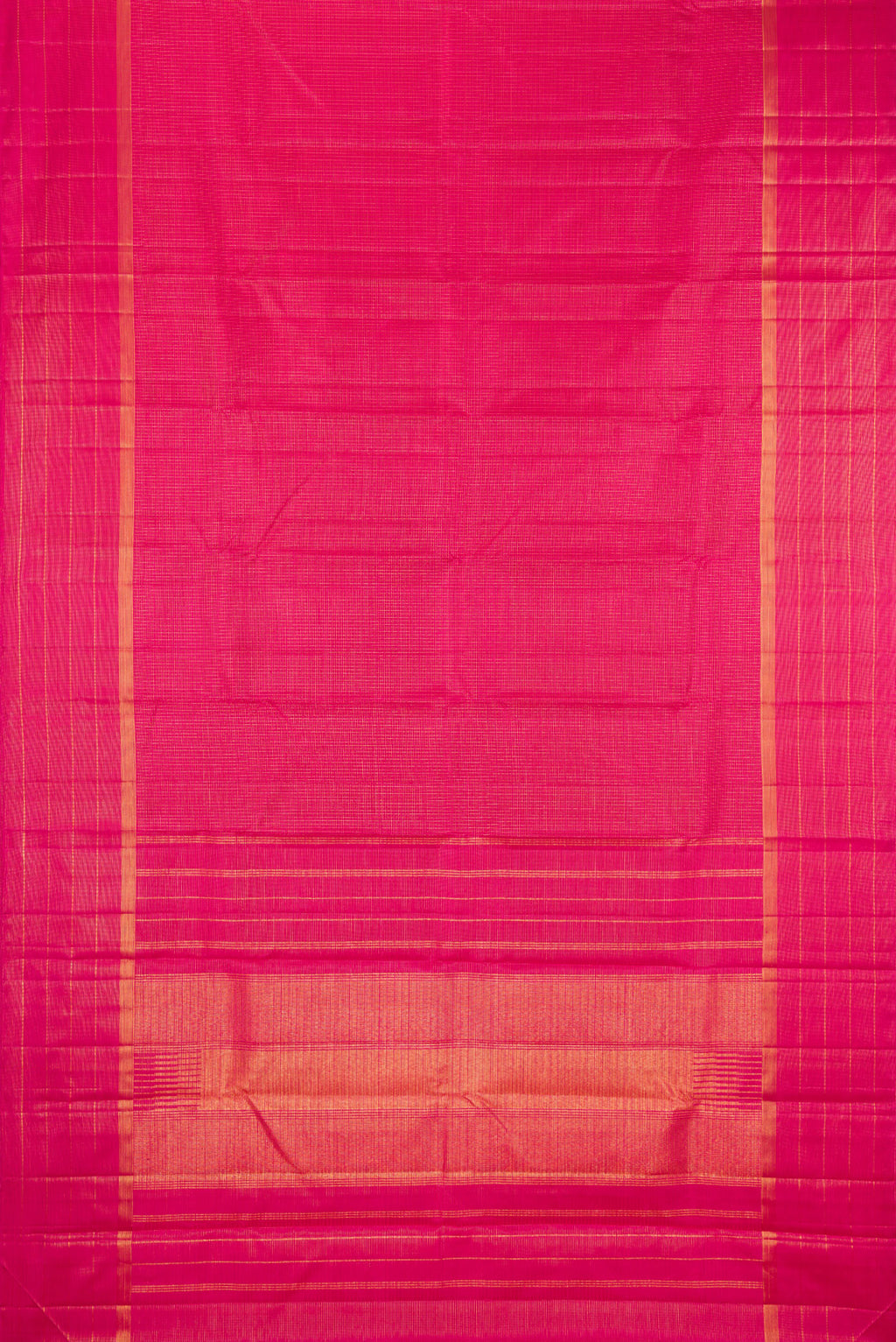 Flat view of Dark Pink Kanchipuram Silk Saree with Checked design on the body and Zari Border. 