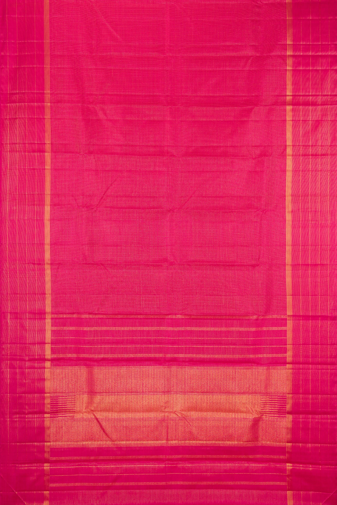 Flat view of Dark Pink Kanchipuram Silk Saree with Checked design on the body and Zari Border. 