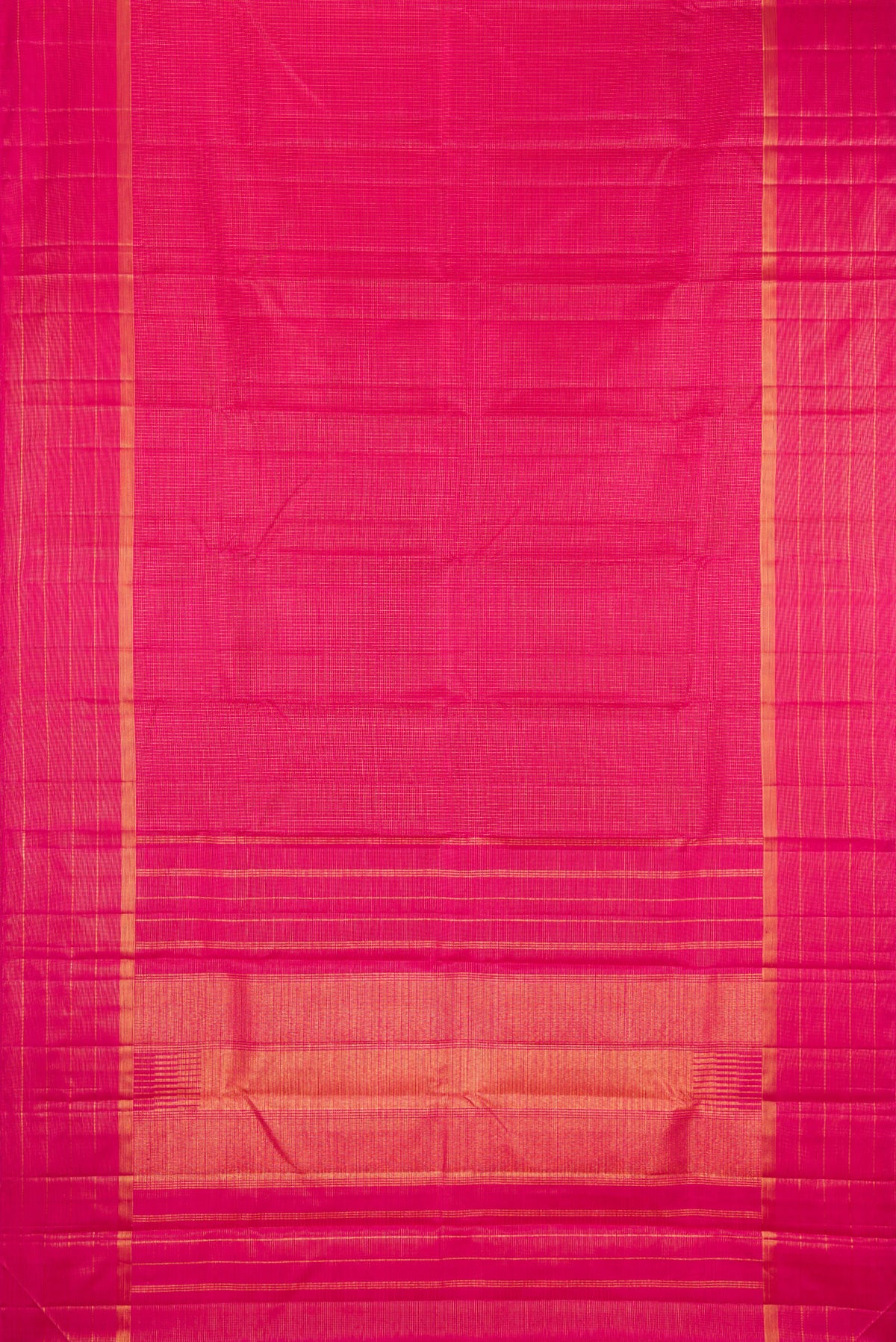 Flat view of Dark Pink Kanchipuram Silk Saree with Checked design on the body and Zari Border. 