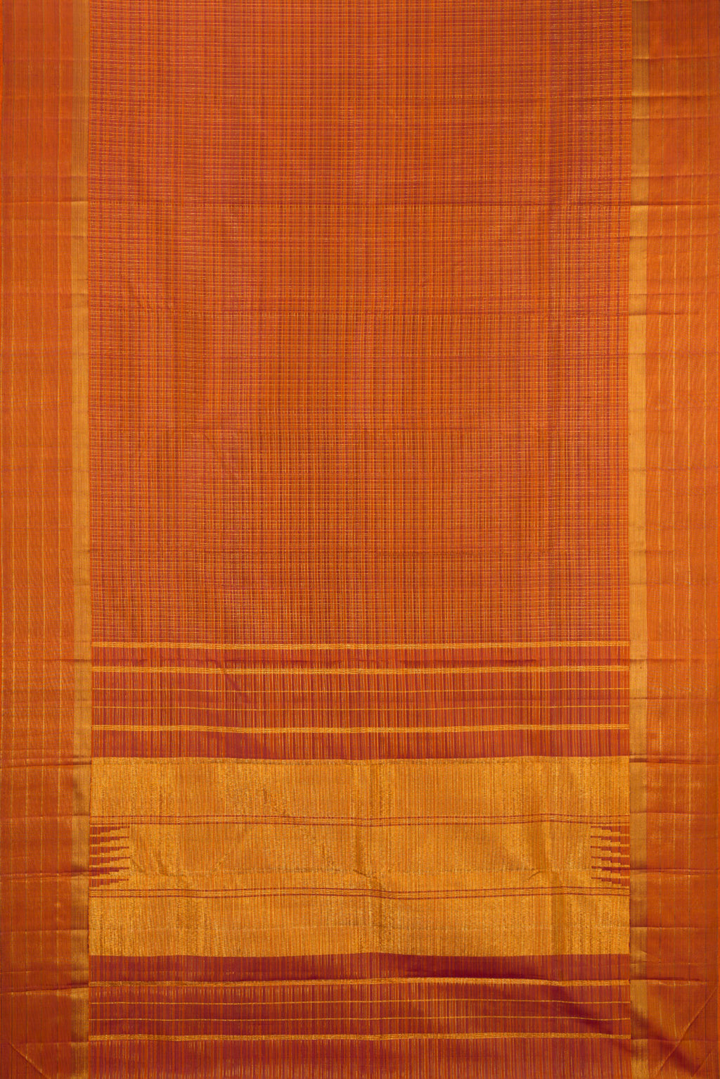 Flat view of Brick Orange Kanchipuram Silk Saree with Checked design on the body and Zari Border. 