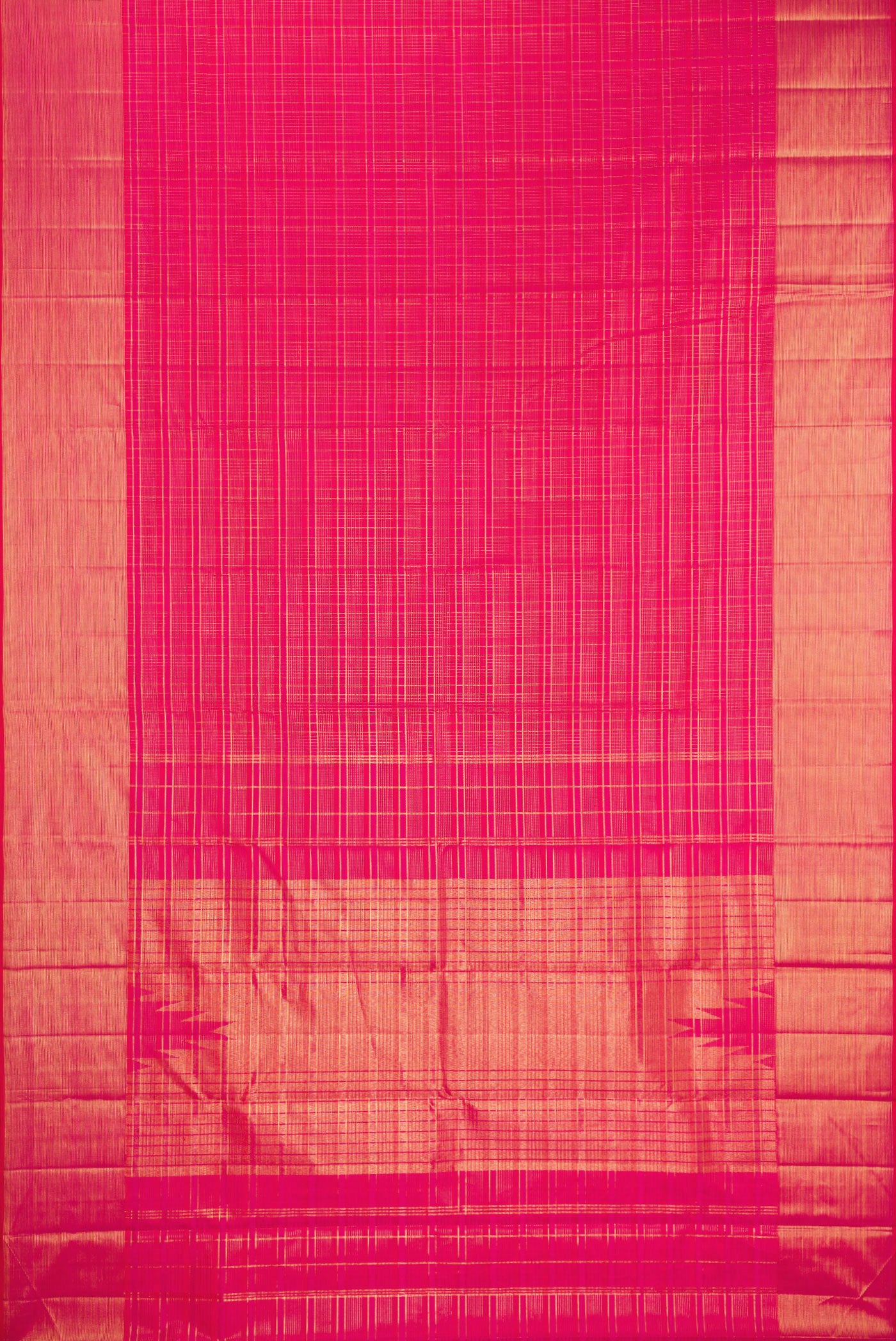 Flat view of Dark Pink Kanjivaram Silk Saree with Checked design on the body and Zari Border. 