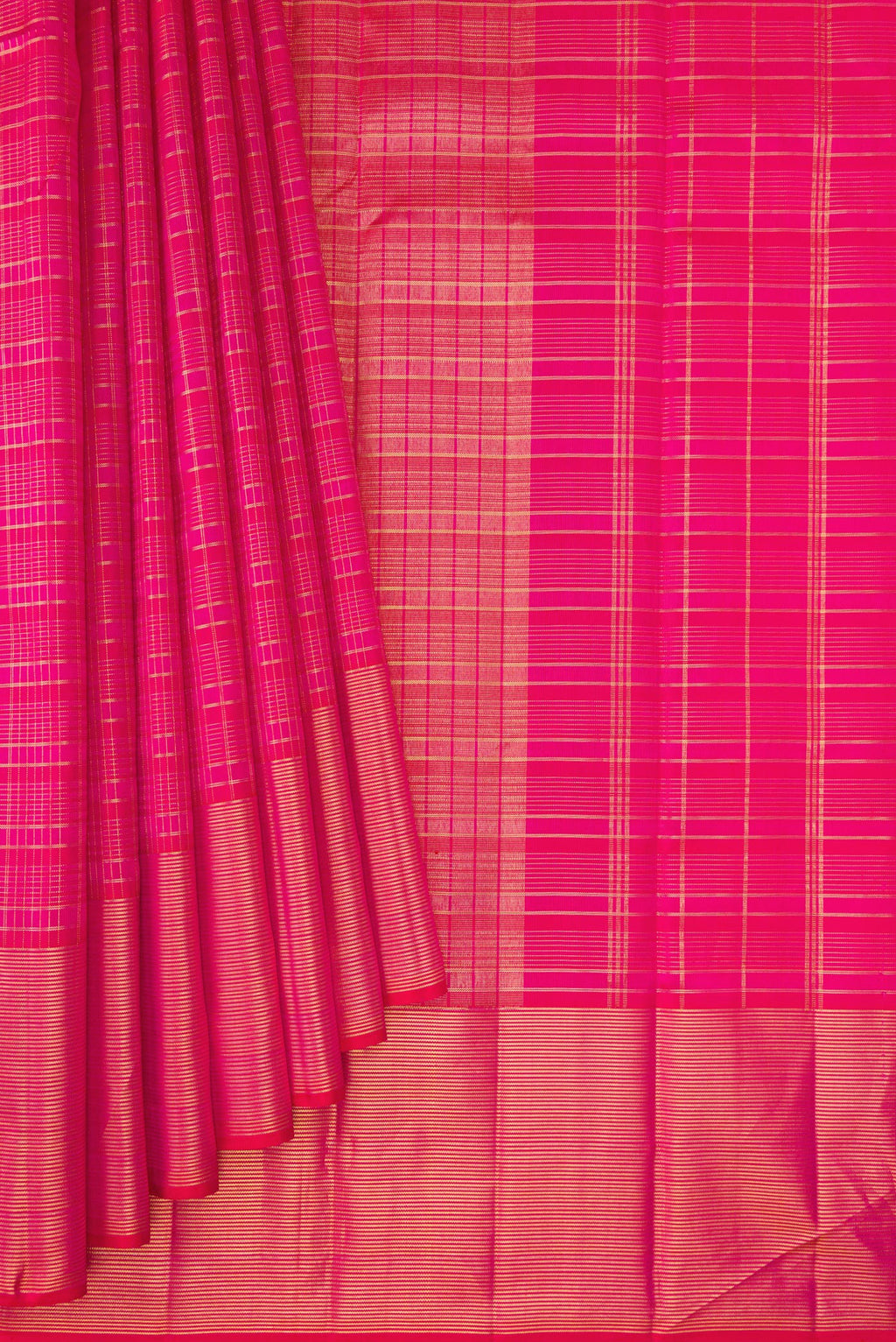 Pleats and pallu of Dark Pink Kanjivaram Silk Saree with Checked design on the body and Zari Border. 