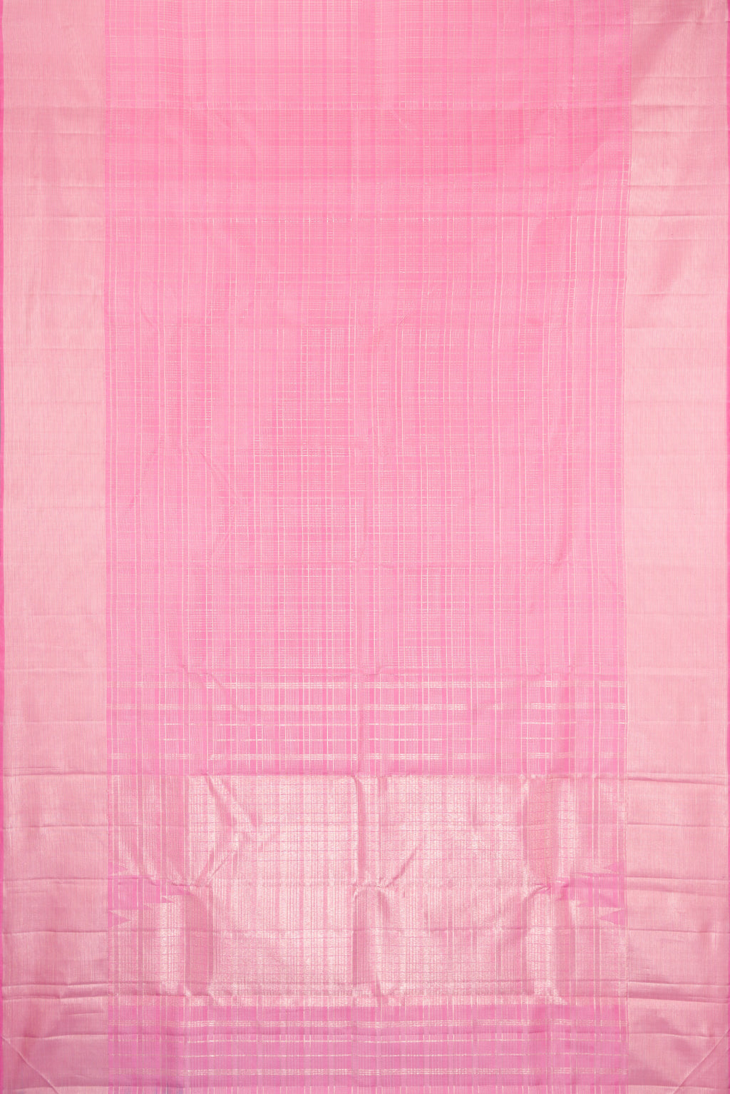Flat view of Rose pink Kanjivaram Silk Saree with Checked design on the body and Zari Border. 
