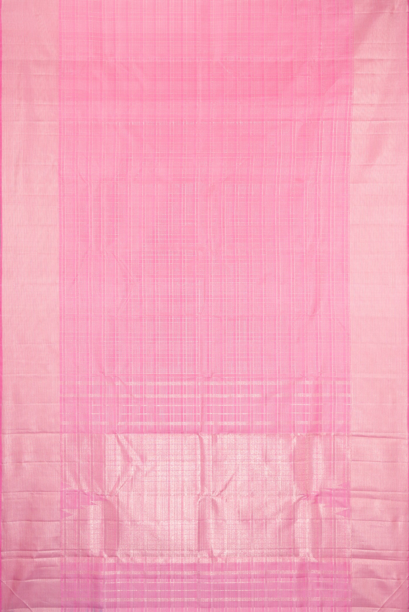 Flat view of Rose pink Kanjivaram Silk Saree with Checked design on the body and Zari Border. 