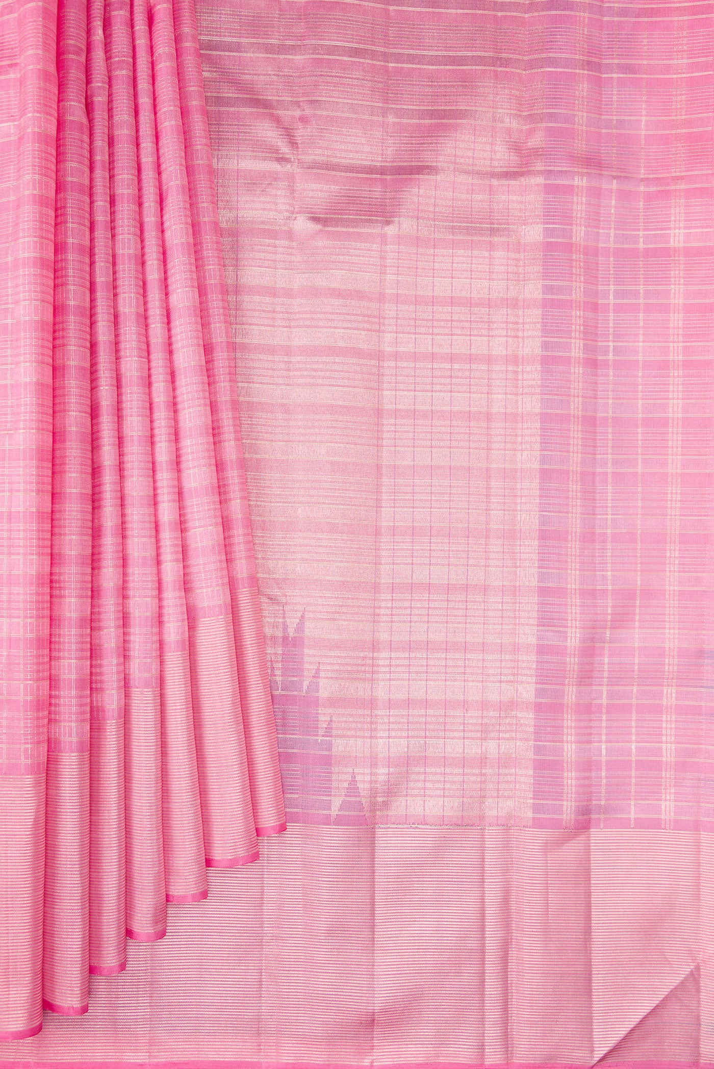 Pleats and pallu of Rose pink Kanjivaram Silk Saree with Checked design on the body and Zari Border. 