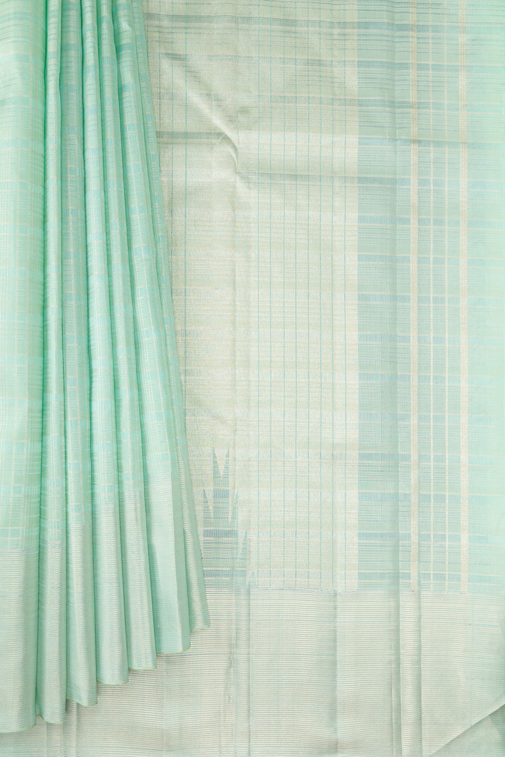 Pleats and pallu of Mint Green Kanjivaram Silk Saree with Checked design on the body and Zari Border. 