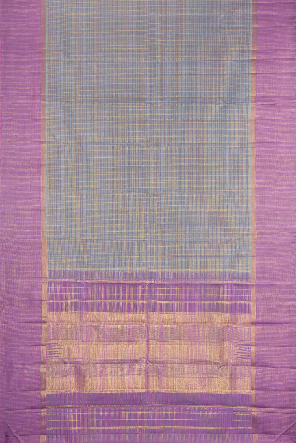 Flat view of Grey Kanjivaram Silk Saree with Checked design on the body and Zari Border. 
