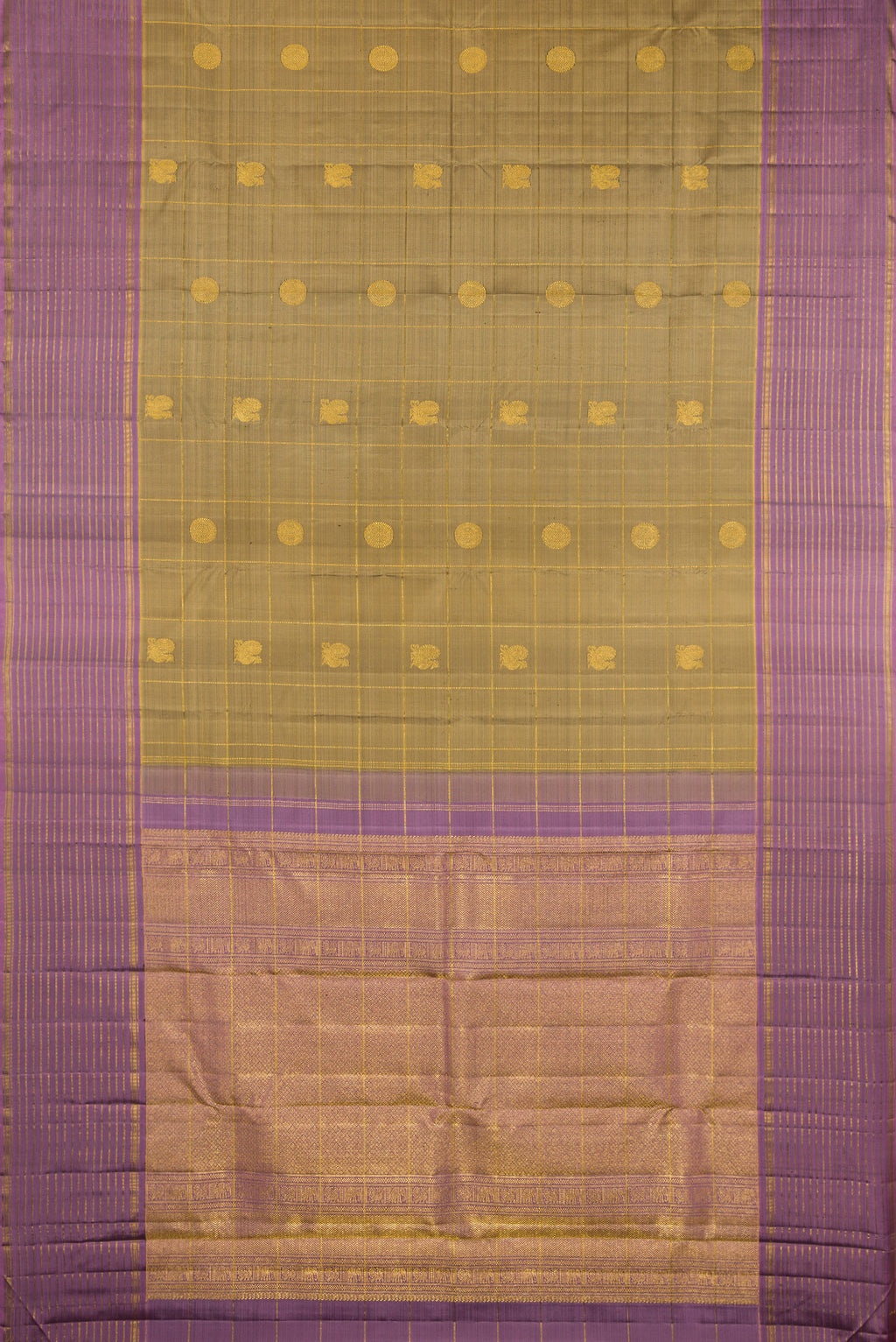 Flat view of Mehandi Green Kanjivaram Silk Saree with Checked design on the body and Zari Border. 